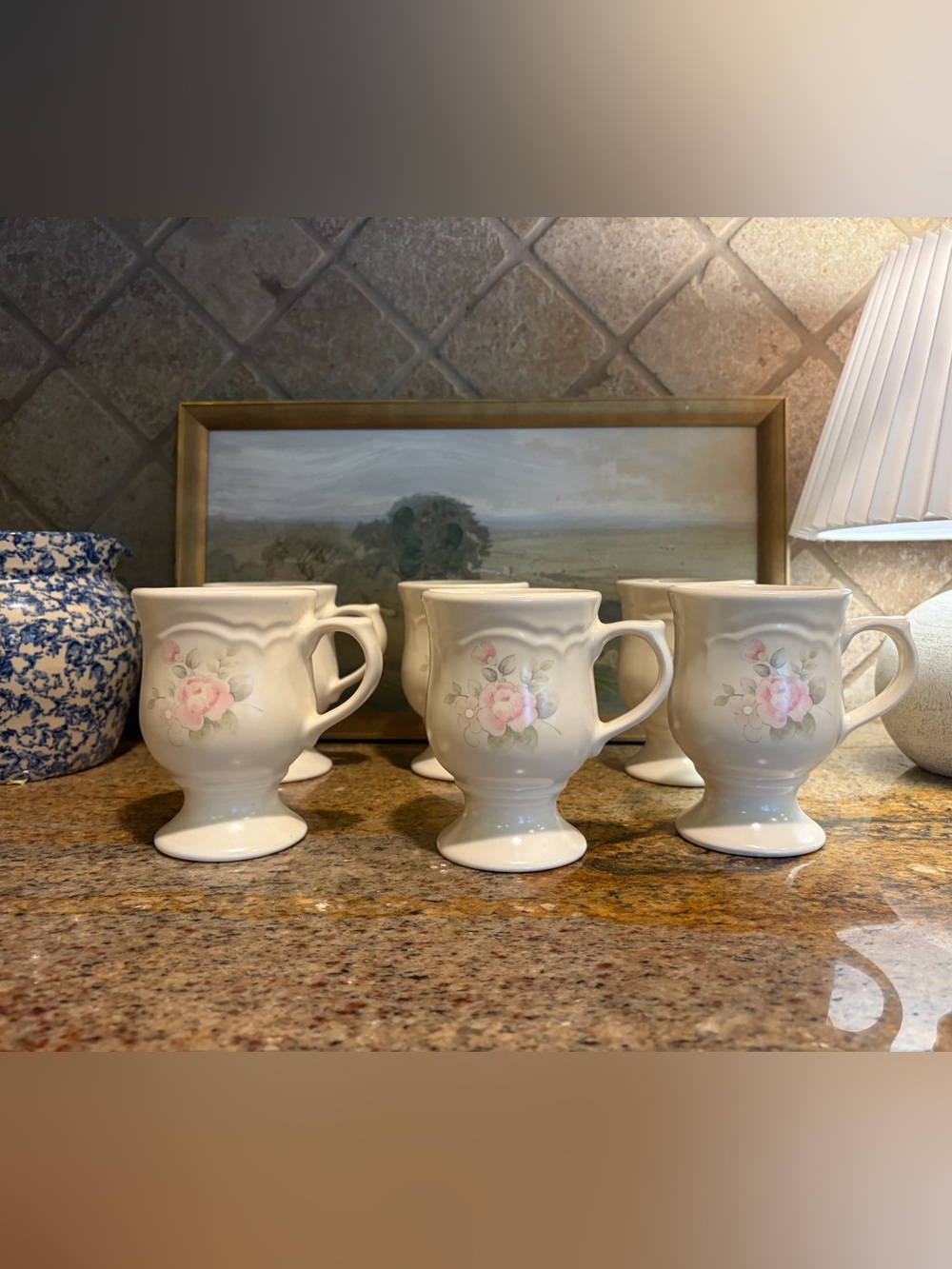 Pfaltzgraff Tea Rose Pedestal Coffee Mugs 5" White Floral Set Of 6 Cups Vintage